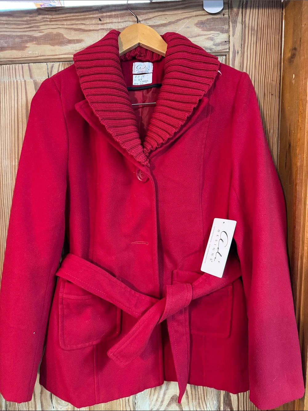 Red Shawl-Collar Belted Wool Blend Coat